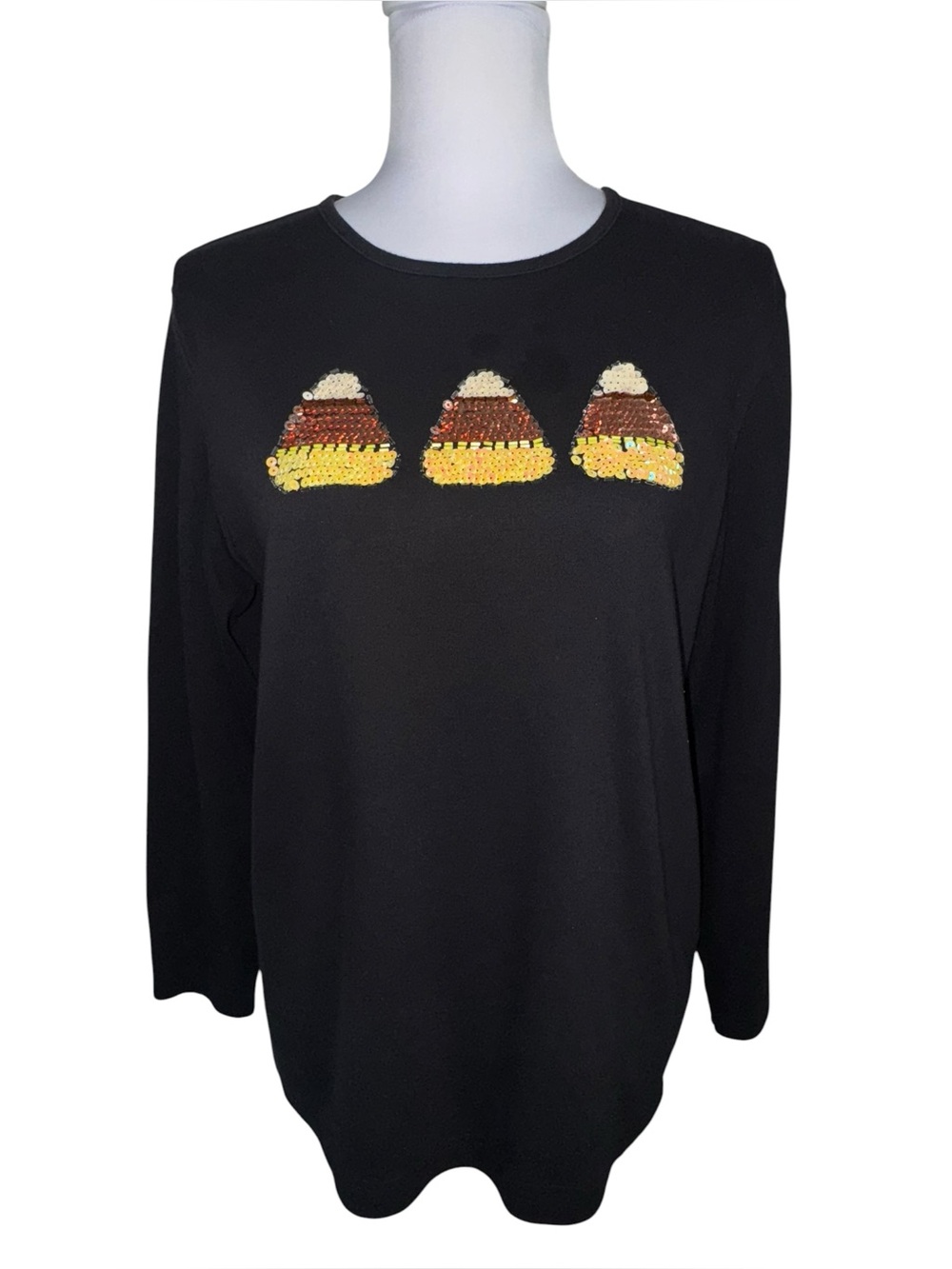 Studio Treat Candy Corn Sequin Top Womens Large Black Halloween Long‎ Sleeve